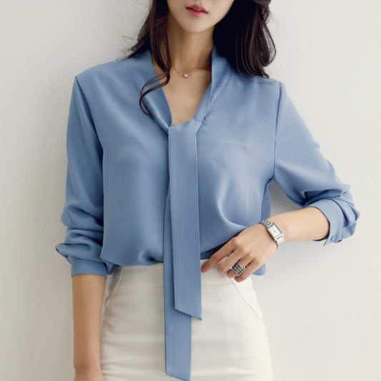 Casual White Blue Chiffon OL Blouse Shirt Top Long Sleeve