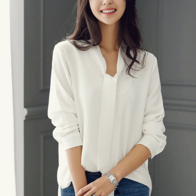 Casual White Blue Chiffon OL Blouse Shirt Top Long Sleeve