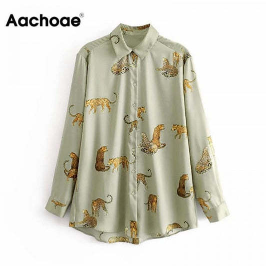 Aachoae Leopard Stylish Shirt Women Turn Down Collar Office Fashion Female Blouse Long Sleeve Plus Size Lady Tops Blusa Feminina