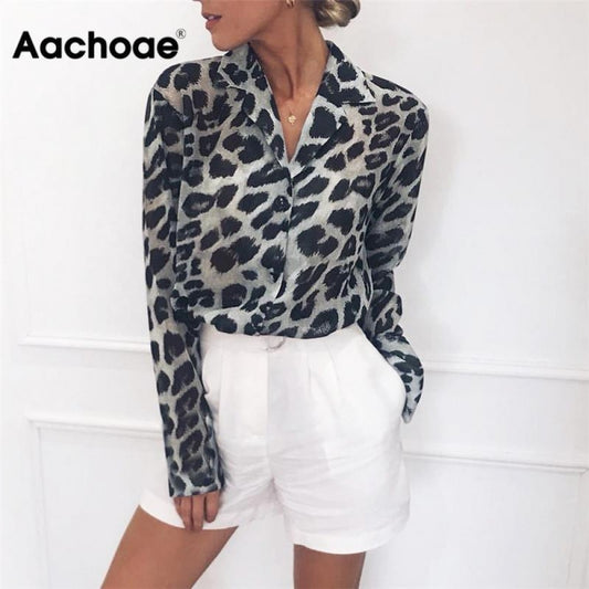 Aachoae Vintage Blouse Long Sleeve Leopard Print Blouse Turn Down Collar Office Shirt Tunic Casual Loose Tops Plus Size Blusas