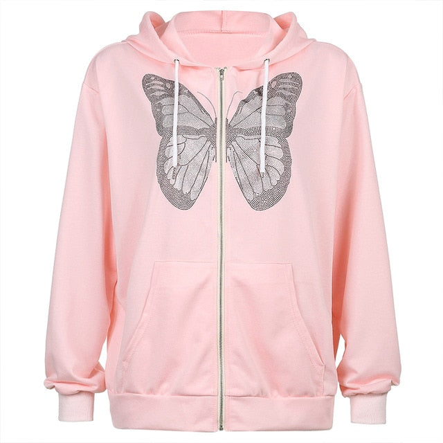 Butterfly Pattern Zipper Up Casual Loose Hoodies Autumn