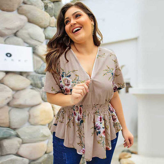 Summer Plus Size Blouse Women Elegant Boho Floral Blouse Shirt Women V-neck Short Sleeve Oversized Blouse Ladies 3XL 4XL