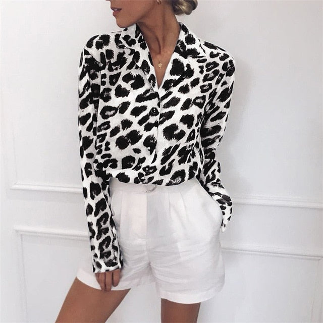 Aachoae Vintage Blouse Long Sleeve Leopard Print Blouse Turn Down Collar Office Shirt Tunic Casual Loose Tops Plus Size Blusas