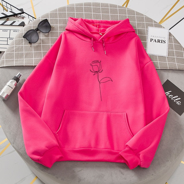 Oversized Rose Printed Hoodies Sweatshirts Women Long Sleeve Casual Autumn Winter Warm Pullovers Pockets Plus Velvet Sweatshirt