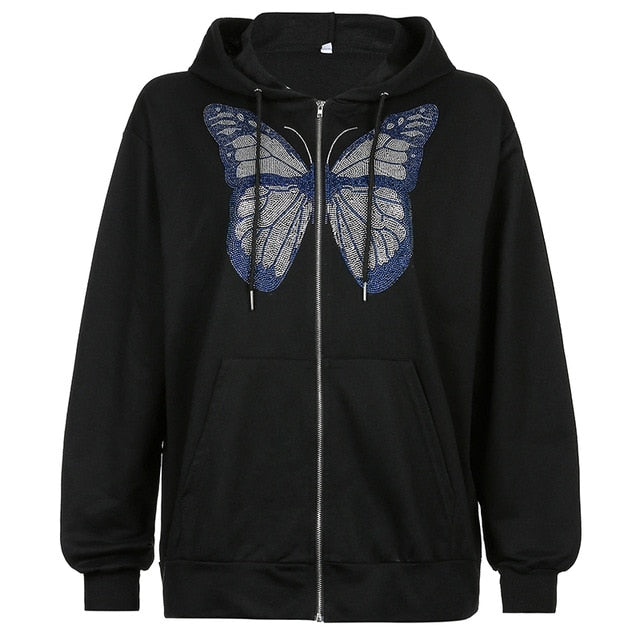 Butterfly Pattern Zipper Up Casual Loose Hoodies Autumn