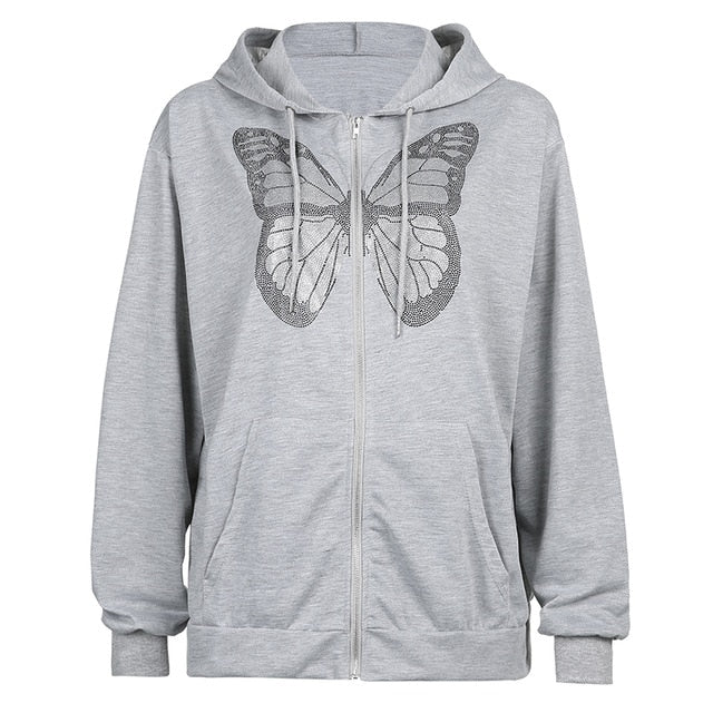 Butterfly Pattern Zipper Up Casual Loose Hoodies Autumn