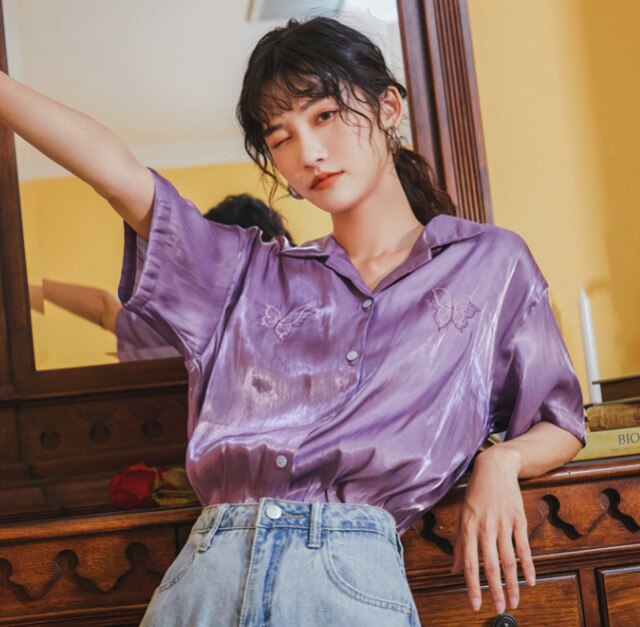 CHEERART Butterfly Embroidery Blouse Summer Button Down Shirt For Women Purple White Satin Shirt Korean Glitter Blouse 2020