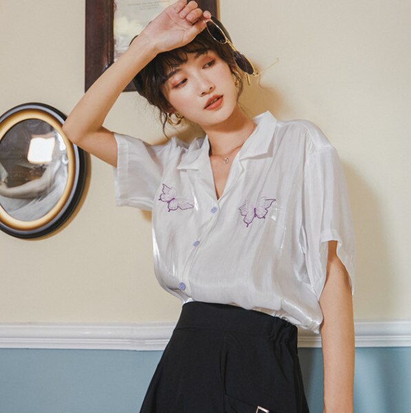 CHEERART Butterfly Embroidery Blouse Summer Button Down Shirt For Women Purple White Satin Shirt Korean Glitter Blouse 2020