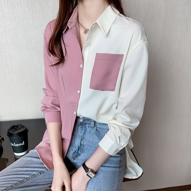 Korean Clothing Women's Tops and Blouses OL Style Loose Blouse Women Shirts POLO Collar Long Sleeve Patchwork Casual Pink