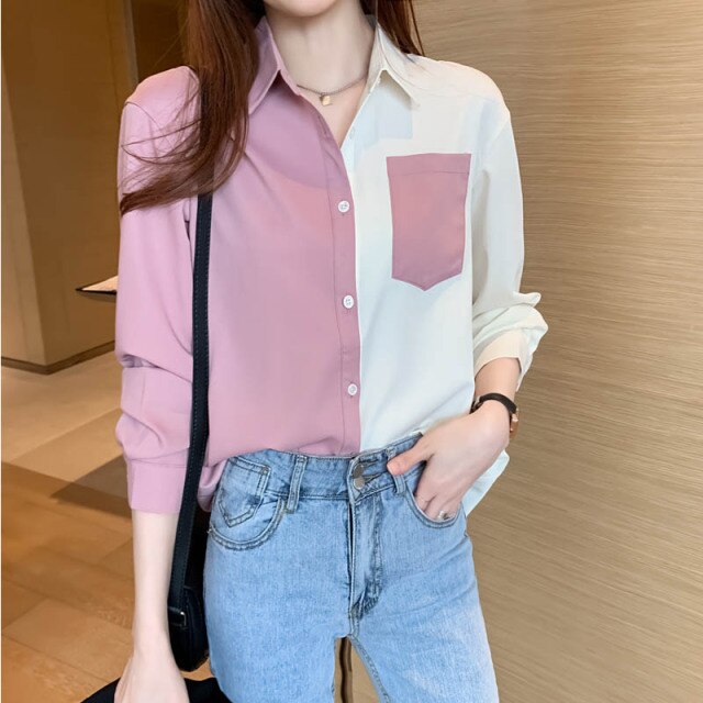 Korean Clothing Women's Tops and Blouses OL Style Loose Blouse Women Shirts POLO Collar Long Sleeve Patchwork Casual Pink