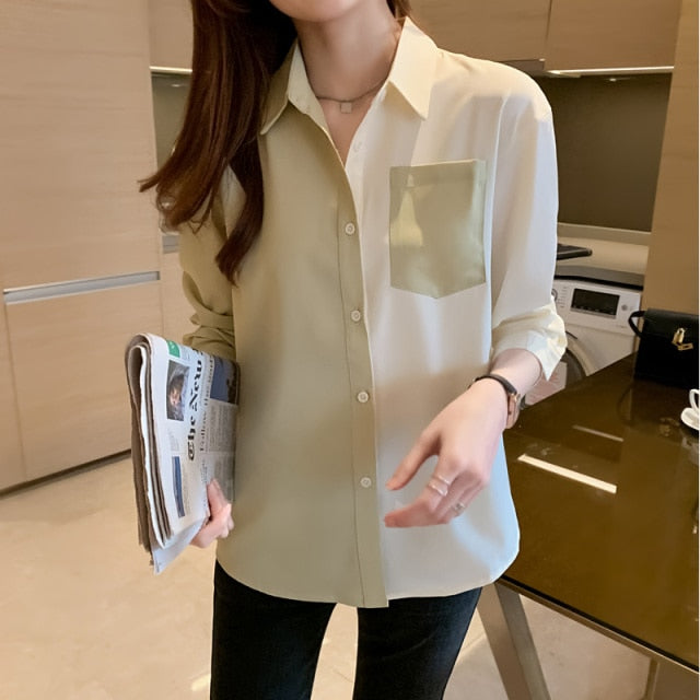 Korean Clothing Women's Tops and Blouses OL Style Loose Blouse Women Shirts POLO Collar Long Sleeve Patchwork Casual Pink