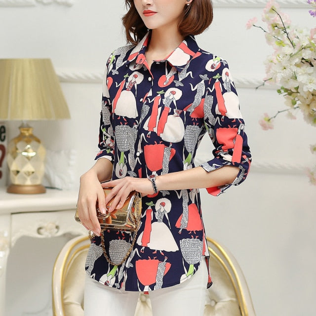 New Fashion Print Blouses Women Long Style Shirts Cotton Ladies Tops Long Sleeve Blusas Femininas Plus Size Women Clothing