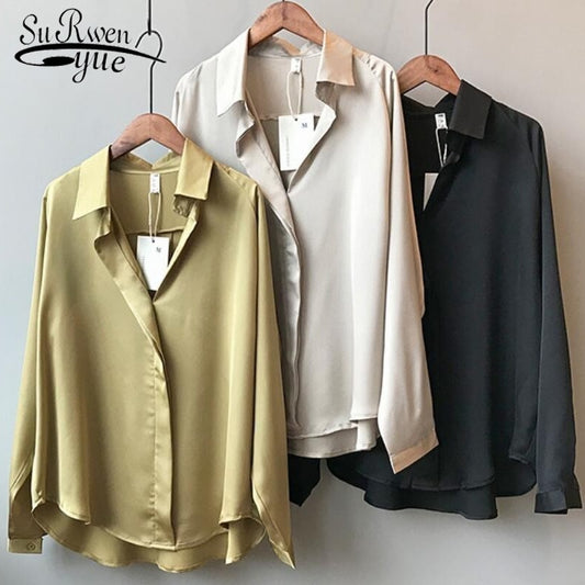 Spring Women Fashion Long Sleeves Satin Blouse Vintage Femme V Neck Street Shirts Elegant Imitation Silk Blouse 5273 50