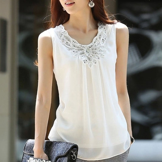 3XL 4XL 5XL Plus Size Blouse Women Tops Blouse Women Summer Sleeveless V-neck Chiffon White Blouse Shirt Shirts Blusas D153