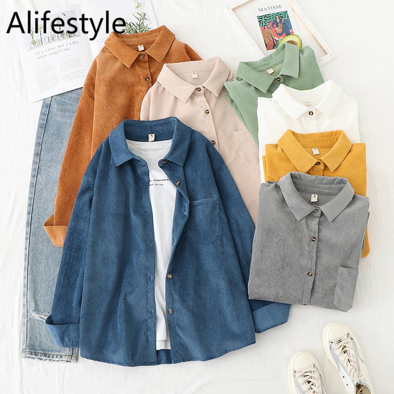 Corduroy Women Blouses Shirts Tunic Womens Tops And Blouses Womenswear Long Sleeve Clothing Button Up Down Loose White New