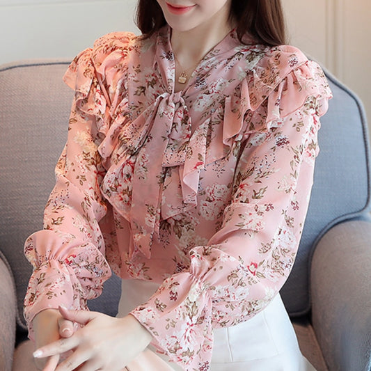 Womens Tops And Blouses Ruffles V-neck Print Chiffon Blouse Women Tops Fashion Woman Blouses Long Sleeve Blouse Women C449