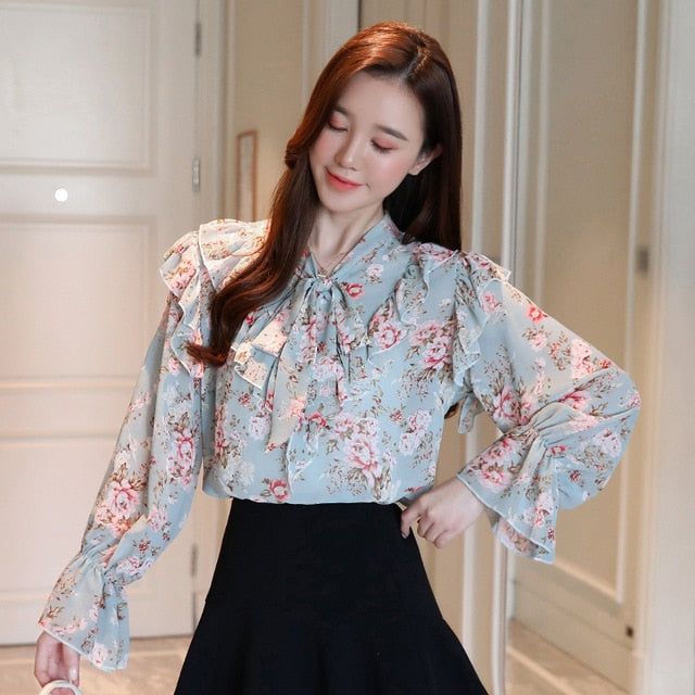 Womens Tops And Blouses Ruffles V-neck Print Chiffon Blouse Women Tops Fashion Woman Blouses Long Sleeve Blouse Women C449