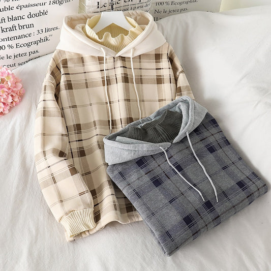 Women Fleece Hoodies Sweatshirt Winter Plaid Pirnted Cotton Hooded Sweatshirt Casual Loose Hooded Pullover Oversize Jacket