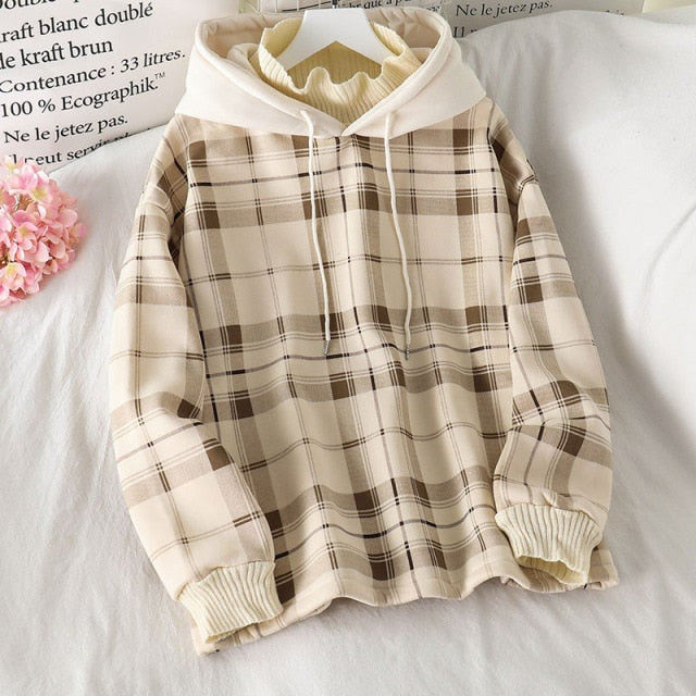 Women Fleece Hoodies Sweatshirt Winter Plaid Pirnted Cotton Hooded Sweatshirt Casual Loose Hooded Pullover Oversize Jacket