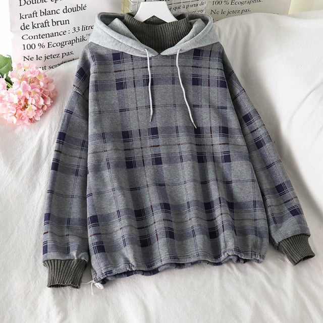 Women Fleece Hoodies Sweatshirt Winter Plaid Pirnted Cotton Hooded Sweatshirt Casual Loose Hooded Pullover Oversize Jacket