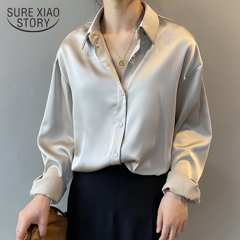 Autumn Button Up Satin Silk Shirt Women Vintage Blouse Women White Lady Long Sleeves Female Solid Loose Shirts Blusas 11355