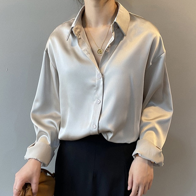 Autumn Button Up Satin Silk Shirt Women Vintage Blouse Women White Lady Long Sleeves Female Solid Loose Shirts Blusas 11355