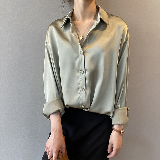 Autumn Button Up Satin Silk Shirt Women Vintage Blouse Women White Lady Long Sleeves Female Solid Loose Shirts Blusas 11355