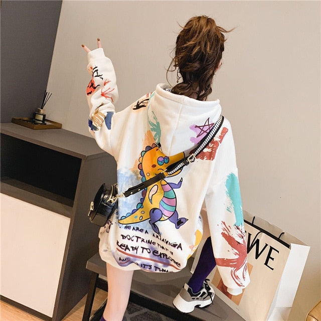 Women hooded graffiti print plus velvet thick ladies hooded