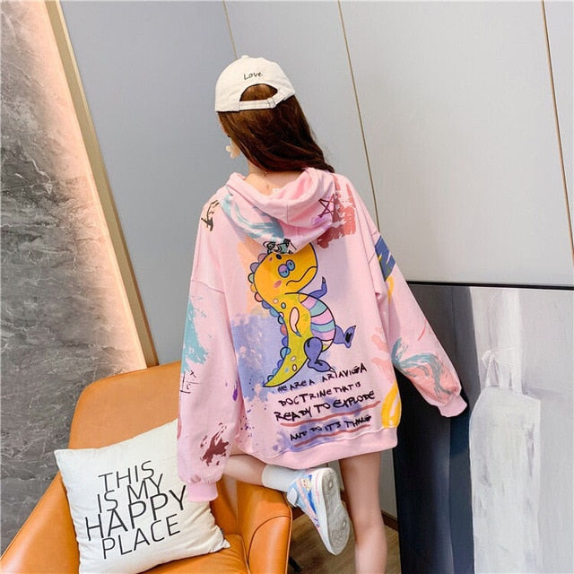 Women hooded graffiti print plus velvet thick ladies hooded