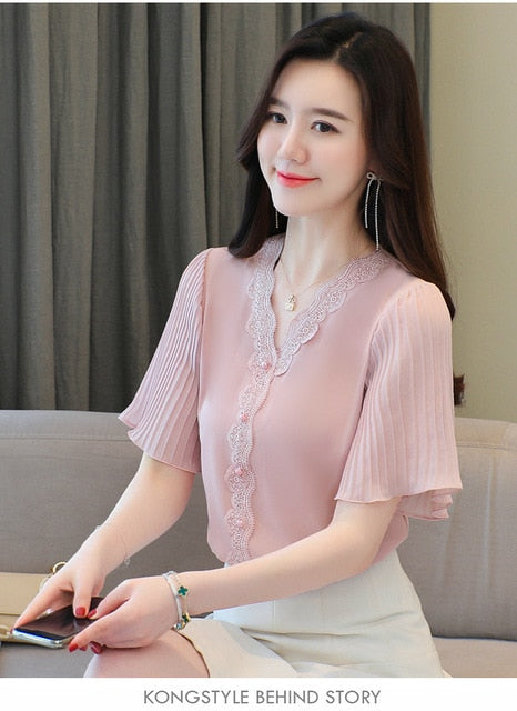 S-3XL Summer New Chiffon shirt Flare sleeve Lace Tops V-neck White Casual Women blouse Plus size