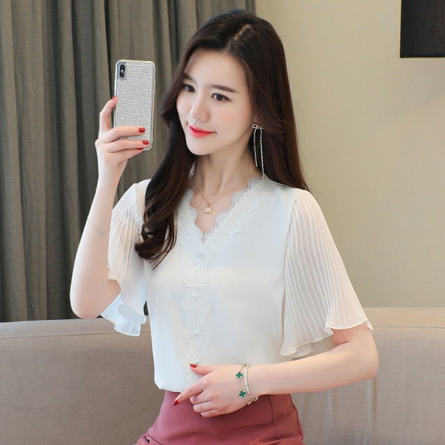 S-3XL Summer New Chiffon shirt Flare sleeve Lace Tops V-neck White Casual Women blouse Plus size