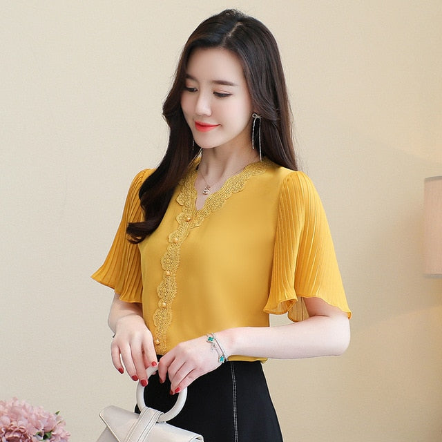 S-3XL Summer New Chiffon shirt Flare sleeve Lace Tops V-neck White Casual Women blouse Plus size