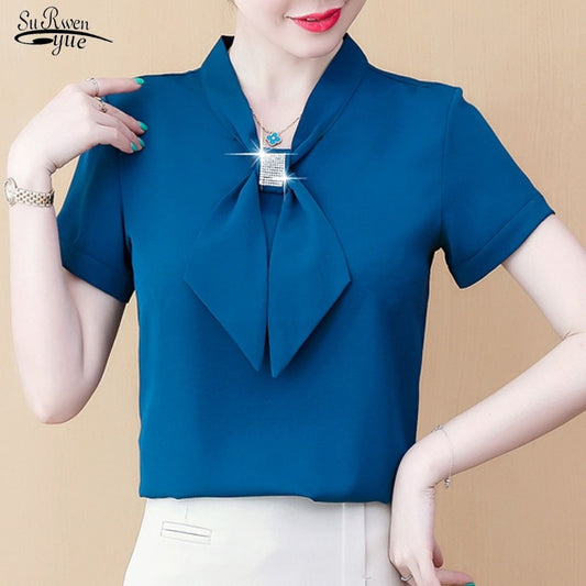 Summer Bow Loose Solid Women Blouses and Tops Solid Bottom Shirts Elegant Fashion Short Sleeve Chiffon Women Shirts 9529