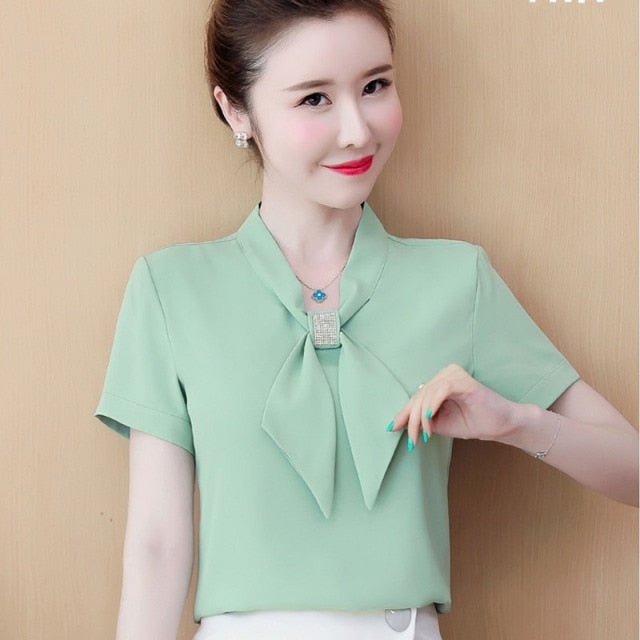 Summer Bow Loose Solid Women Blouses and Tops Solid Bottom Shirts Elegant Fashion Short Sleeve Chiffon Women Shirts 9529