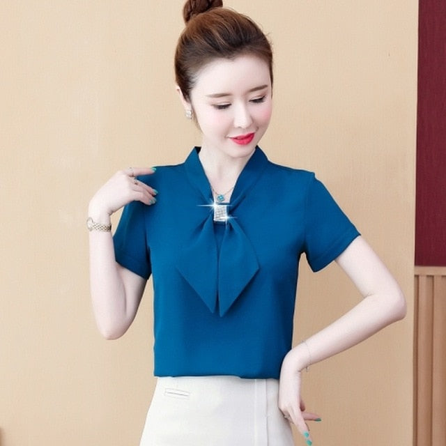 Summer Bow Loose Solid Women Blouses and Tops Solid Bottom Shirts Elegant Fashion Short Sleeve Chiffon Women Shirts 9529