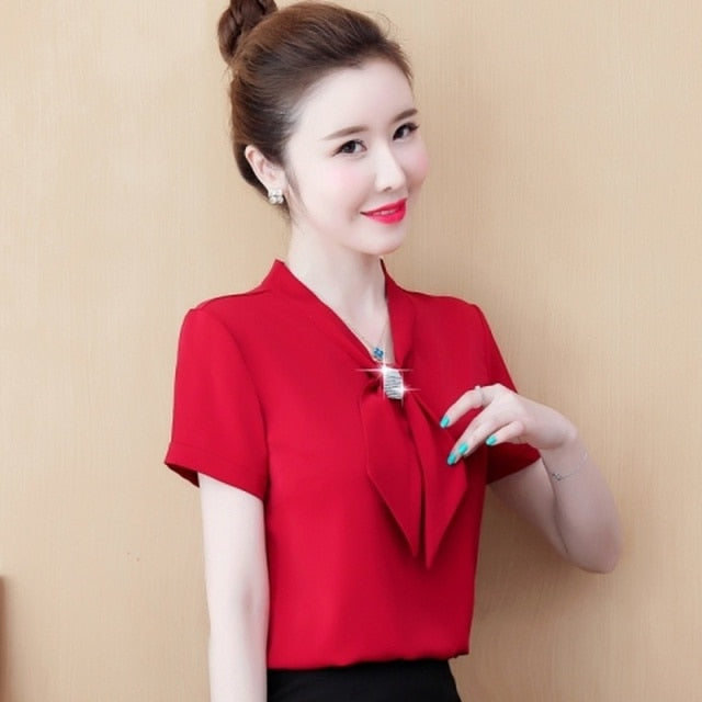 Summer Bow Loose Solid Women Blouses and Tops Solid Bottom Shirts Elegant Fashion Short Sleeve Chiffon Women Shirts 9529