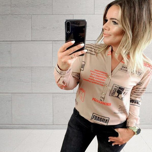Women's Shirts With Long Sleeves Fashion Women V Neck Letters Printing Button Women's Shirts For Spring Tops Blouse Блузка
