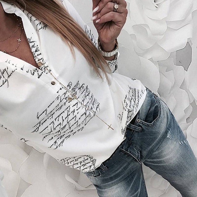 Women's Shirts With Long Sleeves Fashion Women V Neck Letters Printing Button Women's Shirts For Spring Tops Blouse Блузка