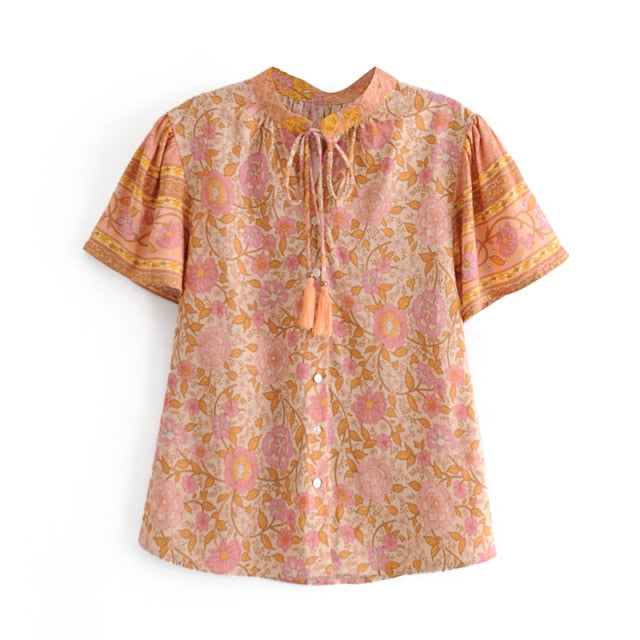 Bohemian Tassel Lacing up Collar Orange Floral Print Short Sleeve Shirt Ethnic Women Single-breasted Buttons Blouse Tops