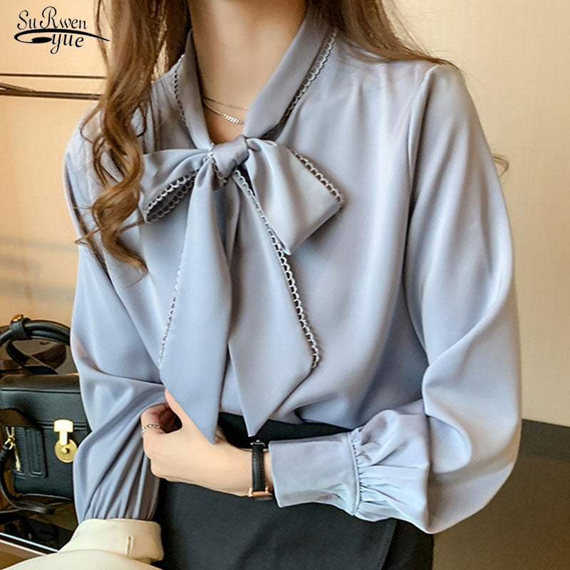 Spring Fashion Korean Tops Satin Chiffon Blouse Women Loose Long Sleeve Shirt White Blue Office Lady Clothes with Bow 10691