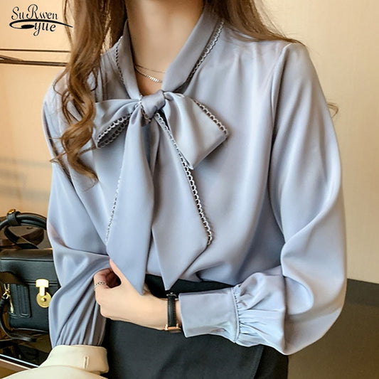 Spring Fashion Korean Tops Satin Chiffon Blouse Women Loose Long Sleeve Shirt White Blue Office Lady Clothes with Bow 10691