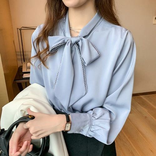 Spring Fashion Korean Tops Satin Chiffon Blouse Women Loose Long Sleeve Shirt White Blue Office Lady Clothes with Bow 10691