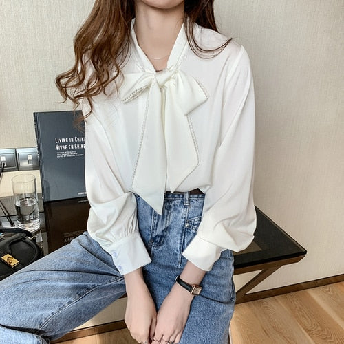 Spring Fashion Korean Tops Satin Chiffon Blouse Women Loose Long Sleeve Shirt White Blue Office Lady Clothes with Bow 10691