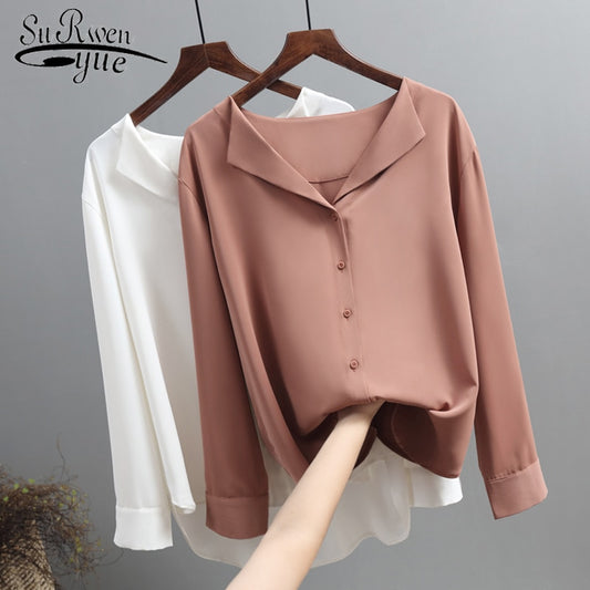 Casual Solid Female Shirts Outwear Tops Spring New Women Chiffon Blouse Office Lady V-neck Button Loose Clothing 5104 50