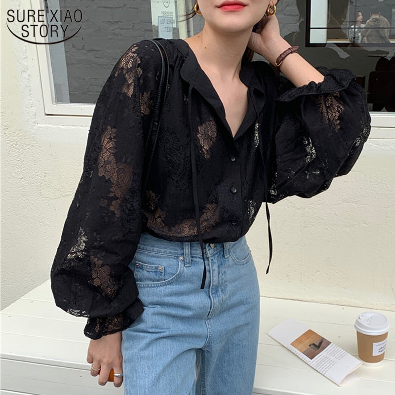 Women Blouse with Lace Lantern Long Sleeve Transparent Blouse Loose Sexy Cardigan Lace Shirt Spring Black Lace Top 10202