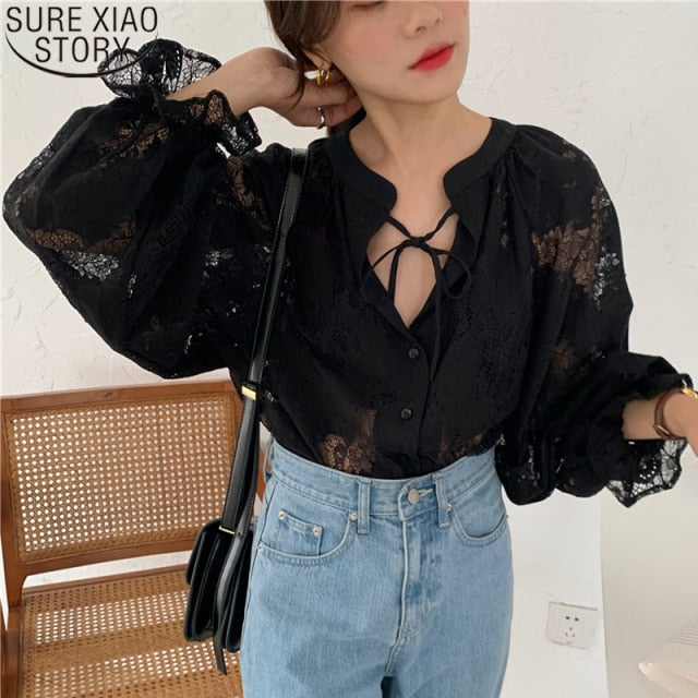 Women Blouse with Lace Lantern Long Sleeve Transparent Blouse Loose Sexy Cardigan Lace Shirt Spring Black Lace Top 10202