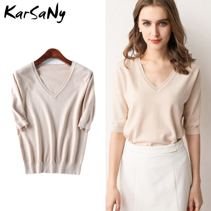 KarSany Half Sleeve Knitted Blouse Women Summer Ladies V-neck Blouses Blouse Knitted Womens Tops And Blouses Plus Size