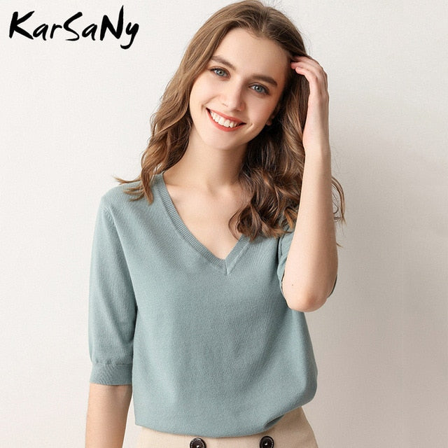 KarSany Half Sleeve Knitted Blouse Women Summer Ladies V-neck Blouses Blouse Knitted Womens Tops And Blouses Plus Size