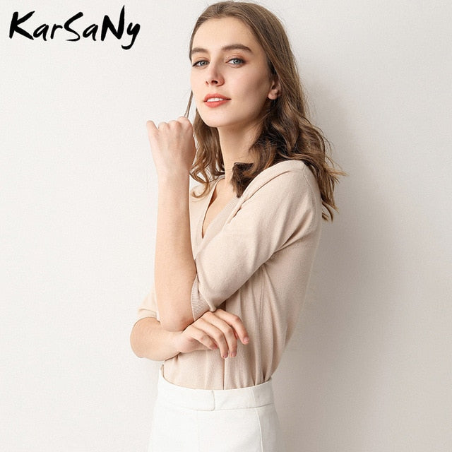 KarSany Half Sleeve Knitted Blouse Women Summer Ladies V-neck Blouses Blouse Knitted Womens Tops And Blouses Plus Size