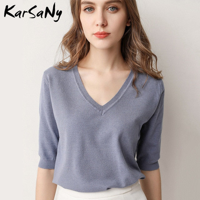 KarSany Half Sleeve Knitted Blouse Women Summer Ladies V-neck Blouses Blouse Knitted Womens Tops And Blouses Plus Size